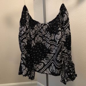 black and white printed off the shoulder top